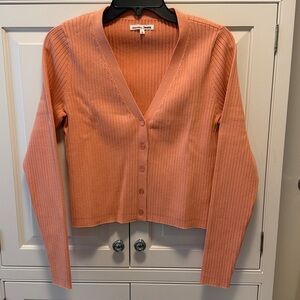 Reformation Coral-Orange Ribbed V-Neck Cardigan